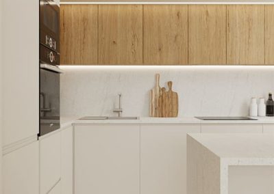 Jasny aneks kuchenny z wykończeniem pod klucz, w projekcie stworzonym przez doświadczonego projektanta wnętrz.