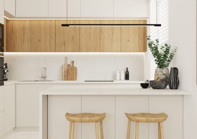 Aneks kuchenny z naturalnymi materiałami, efekt pracy architekta wnętrz, oferowany w pakietach pod klucz.