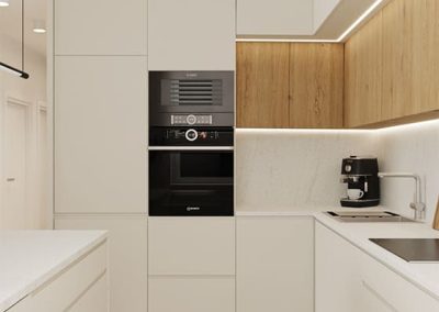 Projekt mieszkania z eleganckim aneksem kuchennym zaprojektowanym w ramach wykończenia pod klucz