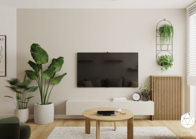 Stylowy salon z minimalistycznym projektem mieszkania, wykonany w ramach wykończenia pod klucz.