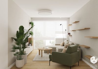 Jasny salon z akcentami roślinnymi, efekt wykończenia pod klucz w pakiety pod klucz.