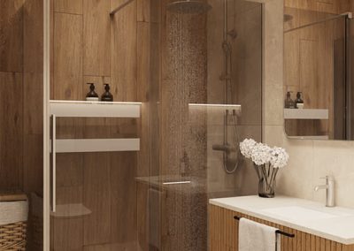 Drewniana szafka w łazience z lustrem i oświetleniem LED – idealne wykończenie w ramach pakiety pod klucz