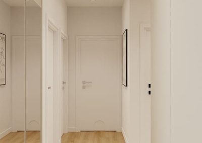 Projekt strefy wejścia z dużym lustrem i szafą przez architekta wnętrz.