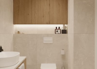 Łazienka z drewnianymi akcentami i minimalistycznym designem – wykończenie pod klucz.