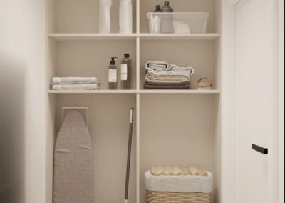 Projekt pralni w mieszkaniu pod klucz – miejsce na pralkę, suszarkę i akcesoria.