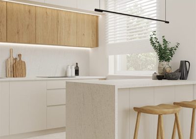 Funkcjonalny projekt mieszkania z minimalistycznym aneksem kuchennym i pakietami pod klucz.