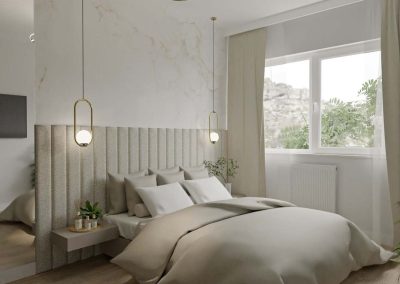 Przytulna sypialnia z delikatnym oświetleniem, idealnie zaprojektowana przez architekta wnętrz, oferująca wykończenie pod klucz w ramach projektu mieszkania.