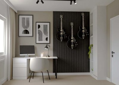 Nowoczesne biuro domowe z dekoracyjną ścianą z czarnymi gitarami, minimalistycznym biurkiem i jasną aranżacją.