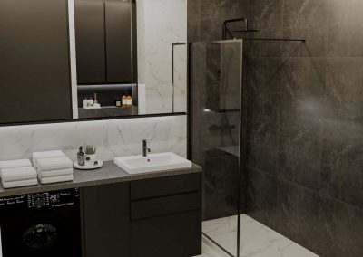 Nowoczesna łazienka w projekcie mieszkania z marmurowymi i ciemnymi płytkami oraz funkcjonalnymi rozwiązaniami.