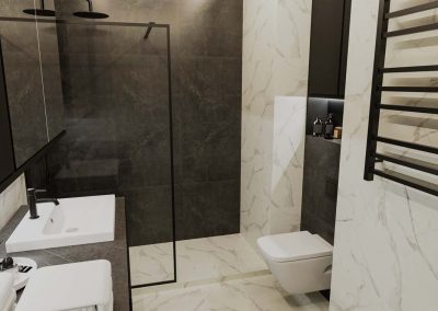 Stylowa łazienka z czarną armaturą i marmurowymi płytkami, zaprojektowana w ramach kompleksowego wykończenia mieszkania pod klucz.