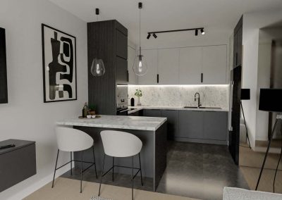 Projektowanie wnętrz salonu z eleganckim aneksem kuchennym.