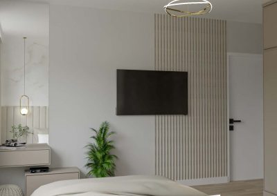 Jasna i przestronna sypialnia z luksusowymi detalami, stworzona w ramach projektowania wnętrz przez architekta wnętrz.