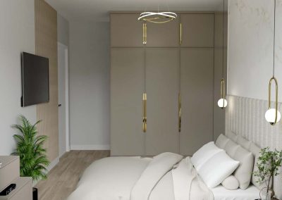 Minimalistyczna sypialnia z funkcjonalną zabudową, zaprojektowana przez architekta wnętrz w ramach wykończenia mieszkania pod klucz.