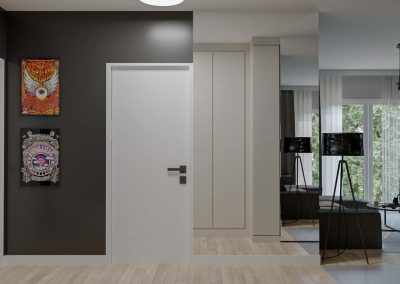 Architekt wnętrz – elegancki hol z wbudowaną szafą, lustrami i drewnianą podłogą, idealny do wykończenia mieszkania pod klucz.