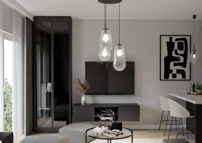 Nowoczesny salon z aneksem kuchennym, projekt mieszkania z elementami luksusu.