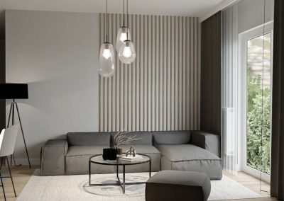 Wykończenie mieszkania – elegancki salon z aneksem kuchennym.