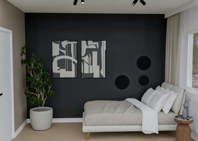 Stylowe biuro domowe z dekoracyjną ścianą, półkami i jasnym biurkiem – idealne miejsce do pracy.