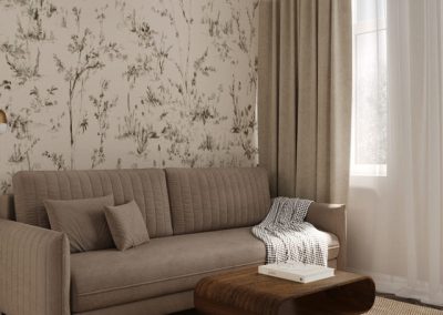 Salon z drewnianą podłogą w jodełkę i eleganckim oświetleniem, zaprojektowany w ramach projektu mieszkania.